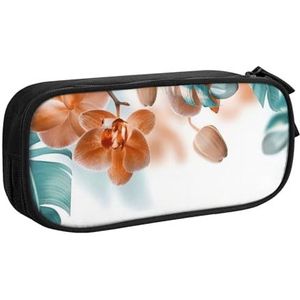 CRJSYCBYB Teal en Oranje Orchidee Gedrukt Pencase Dubbele Potlood Pouch Grote Capaciteit Zip Briefpapier Case, Zwart, Eén maat, Munt Pouch