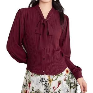 ROUZIHU Gekreukt Chiffon Shirt Strik Slanke V-hals Shirt Dames Lange Mouw Kort Shirt(Rosso,XXL)