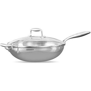 Roestvrijstalen roerbakpan met handgreep en deksel Multifunctionele roestvrijstalen wok (zilver- glazen deksel, 32CM)…