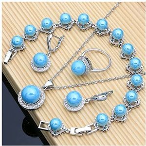 Oorbellen Bruid zilver 925 sieraden sets for vrouwen witte parel bedelarmband oorbellen ring ketting sets for bruiloft verjaardagscadeau Oorbellen voor dames (Color : Sky Blue, Size : 10)