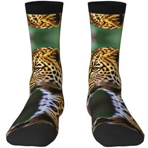 Kleurrijke sokken met gele luipaardprint voor mannen en vrouwen - Modieuze volwassen sokken, levendige sokken voor halverwege de kuit, Geel Luipaard Print, Eén Maat