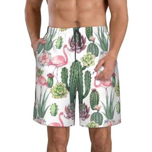 JIAWUJYNB Pink Flamingo Succulent Plants Print Strandshorts voor heren, lichtgewicht, sneldrogend trekkoord zwembroek met zakken, Wit, S