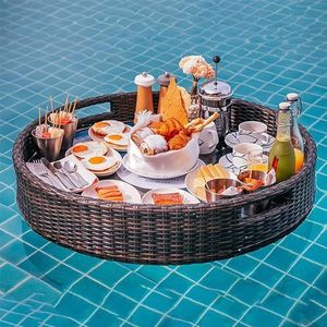 pallet， Drijvende lade for zwembad, rotan drijvende drank- en snackhouder met handvat, opbergmand(Black)