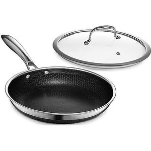 HexClad Hybride koekenpan met antiaanbaklaag van 25 cm met deksel van gehard glas, koel handvat, vaatwasmachinebestendig en ovenbestendig, geschikt voor inductie, compatibel met alle kookplaten