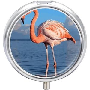 Ronde pillendoos met flamingo in water, geribbeld, voor reizen, draagbaar, 23 vakken, medicijnen, metaal, tablethouder, vitamine-houder voor portemonnee, tas