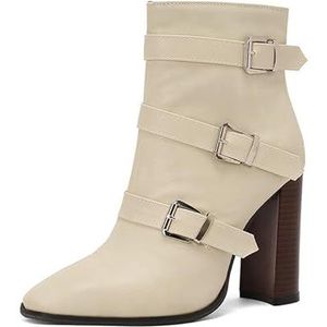 EICOFF Dames Enkellaarsjes met vierkante neus, zijrits, hoge blokhakken, waterdicht leer, motorlaarzen, casual dagelijkse modieuze damesschoenen,Beige,35 EU