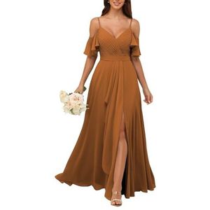 KURFACE Bruidsmeisjesjurken met V-hals en spleet, geplooide koude schouder, chiffon, formele jurk, feestjurk, Verbrand Oranje, 32