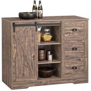 SoBuy Ilot Central statafel, keukenkast, dressoir, meerdere opslag, met 1 schuurdeur, flessenhouder, 3 laden, 110 x 50 x 90 cm, industrieel design, vintage, bruin, KNL08-N