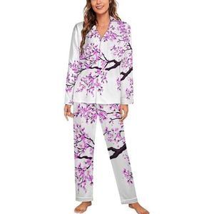 Sakura Tree Cherry Blossoms Vrouwen Lange Mouw Button Down Nachtkleding Zachte Nachtkleding Lounge Pyjama Set M