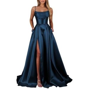 KIYNE Satijnen galajurken voor dames met steekzakken en spaghettibandjes, lange formele avondjurk, Turkoois, 58/Meer