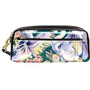 Zwanen en Rozen Patroon Bloemen Romantische Print Draagbare Pouch PU Lederen School Pen Case Stationaire Potlood Zakken Waterdichte Cosmetische Tas Make-up Beauty Case