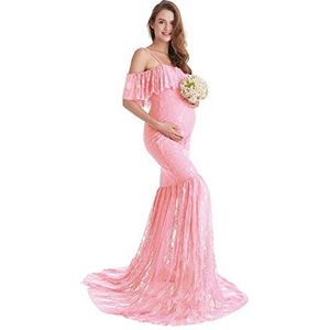 AYMENII Zwangerschapsjurken voor fotoshoot vrouwen zeemeermin kanten jurk off shoulder slanke getailleerde bruiloft party baby shower jurk, roze, XL