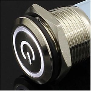 Waterdichte metalen drukknop, 12/16/19/22/25/30 mm, LED-licht, kortstondige vergrendeling, auto motor stroomschakelaar, 5 V 12 V 24 V 220 V (kleur: wit, maat: MOMENTARY_12 V_1