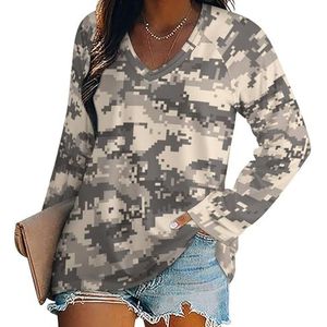 Brown Desert Digital Camouflage Dames V-hals Shirt Lange Mouw Tops Casual Losse Fit Blouses