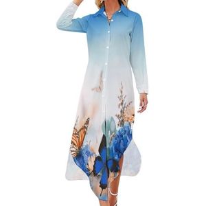 Vlinder Madeliefje Hortensia Bloem Lange Mouw Maxi Shirt Jurken voor Vrouwen Casual V-hals Knop Blouses XL