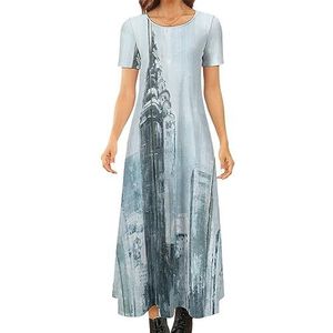 Stedelijke houten paneel schilderij vrouwen zomer casual korte mouw maxi jurk ronde hals bedrukte lange jurken 4XL