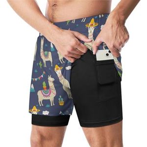 Leuke Cartoon Llama Alpaca Grappige Zwembroek met Compressie Liner & Pocket Voor Mannen Board Zwemmen Sport Shorts