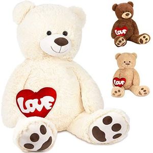 BRUBAKER XXL Teddybeer 100 cm Wit met een Love Hartje Knuffel Pluche Knuffeldier