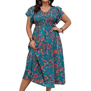 voor vrouwen jurk Plus jurk met bloemenprint en vlindermouwen (Color : Multicolore, Size : 0XL)