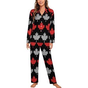 Grijs En Rood Canada Esdoorn Vrouwen Lange Mouw Button Down Nachtkleding Zachte Nachtkleding Lounge Pyjama Set XL