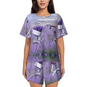 JIAWUJYNB Lavendel Fiets Print Vrouwen Korte Mouwen Pyjama Set Pyjama Lounge Set Met Zakken, Zwart, S