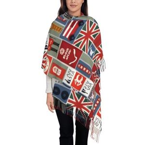 Engeland Symbolen Print Imitatie kasjmier lange fluwelen franje sjaal, Winter Zachte Warme Sjaal Sjaal Wraps., Zwart, Eén maat