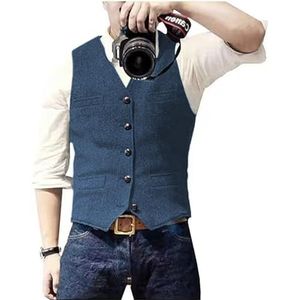 Solovedress Casual wollen vest met visgraatpatroon voor onder pak, v-hals, tweedvest voor bruiloft, groomsmen, blauw, M