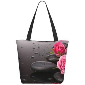 LAMAME Spa Stone And Rose Flowers gedrukt Grote capaciteit boodschappentas Tote tas Mode handtas Tote opbergtas