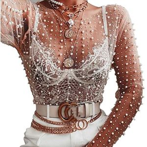 Vrouwen Pearl See Through Mesh Sheer Lange mouwen Crop Tops Strass Glitter Lace Blouse Shirts Sexy Top Clubwear Rave Party (Color : B, Size : XL)