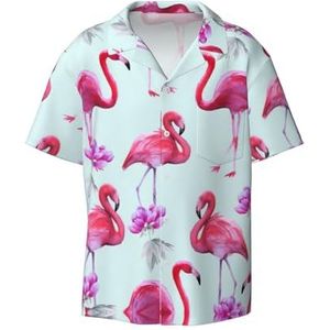 TyEdee Roze Flamingo's Print Heren Korte Mouw Jurk Shirts met Zak Casual Button Down Shirts Business Shirt, Zwart, XL