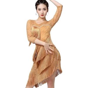 Goud,L,Hynyjxjy Kwastjes Latin Dansrok Voor Training Kanten Ballroom Dansjurken Voor Dames Mesh Splice Salsa Danskleding Slim Fit Tango Cha Cha Dansoutfit