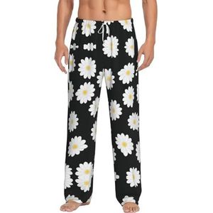 Witte Daisy Heren Lange Lounge Wear Broek Nachtkleding Pyjama Bottoms Nachtkleding Met Zakken En Trekkoord, Wit, S