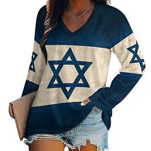 Vintage Israëlische vlag dames lange mouw V-hals T-shirts herfst tops pullover tuniek T-shirt voor leggings