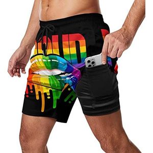 Homo Homoseksuele Lesbische Regenboog Lippen Pride Mannen Zwembroek Sneldrogend 2 in 1 Strand Sport Shorts met Compressie Liner En Pocket