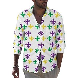 Mardi Gras Carnavals-shirt voor heren, button-down shirt met lange mouwen, casual strandtops met zak, normale pasvorm