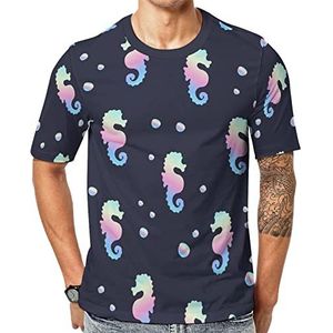 Regenboog Seahorses T-shirt voor heren met korte mouwen en ronde hals, casual T-shirt, tops, S