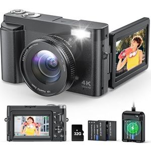 Digitale camera 4K 48MP camera fotocamera 16X zoom met 32GB kaart, compacte camera met 3"" klapdisplay, autofocus, flits, anti-shake vlog camera selfies voor beginners