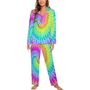 Tie Dye Regenboog Kleurrijke Lange Mouw Pyjama Sets voor Vrouwen Klassieke Nachtkleding Nachtkleding Zachte Pjs Lounge Sets