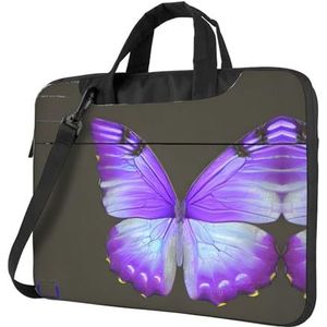 SSIMOO Transparante palmblad patroon stijlvolle en lichtgewicht laptop messenger tas, handtas, aktetas, perfect voor zakenreizen, Paarse vlinders, 14 inch