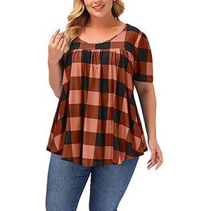 Dames Korte Mouw Ronde Hals Losse Plaid T-Shirt Dames T-Shirt - Korte Mouw Tops Ronde hals Tee Shirt Tops Losse Blouse T-shirt Vrouwen Oversized Mode Losse Ronde Hals Korte Mouw Zomer Tops, G-Oranje, 4XL