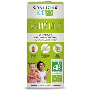 GRANIONS KID BIO APPETT – gecertificeerd biologisch – appelsmaak – helpt de eetlust te stimuleren – natuurlijke formule op basis van agavesiroop – vanaf jonge leeftijd – fles van 125 ml – gemaakt in