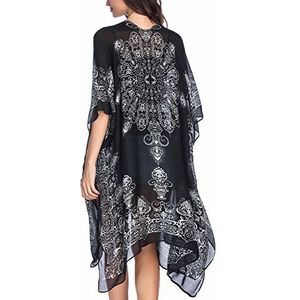 HIKARO Vrouwen Lange Kimono Bloemen Vesten Strand Bikini Cover Up Sarongs Print Boho Vest Open Front Losse Sjaal Blouse Zomer voor Dames, Zwart, one size