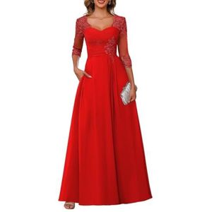 Dames chiffon moeder van de bruid jurk voor bruiloft ruches galajurken cocktailjurk plus size, Rood, 32