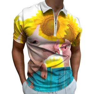 Grappige Zonnebloemen Varkens Half Zip-up Polo Shirts Voor Mannen Slim Fit Korte Mouw T-shirt Sneldrogende Golf Tops Tees S