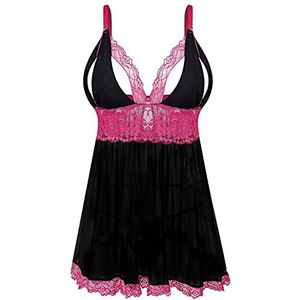EVELIFE Vrouwen Sexy Plus Size Babydoll Jurk Kanten Babydoll Lingerie Chemise Nachtkleding Lingerie Set met G-String(Zwart, M)