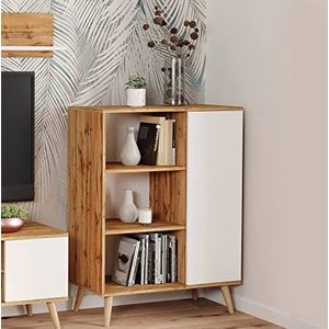 Dmora Sideboard met 1 deur en 2 legplanken, buffet met poten, dressoir in scandi-stijl, boekenkast met planken, 40 x 90 x 116 cm, kleur wit en esdoorn, bruin