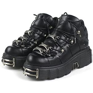 Laarzen met hoge hakken voor dames, leren schoenen in heavy metal rock-stijl, gothic platformlaarzen, punk veterlaarzen met dikke hak en veters,zwart,39