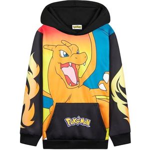 Pokemon Hoodie voor jongens en tieners sweatshirt met capuchon warme anime pikachu trui, Zwart/Oranje Charizard, 7-8 jaar