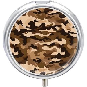 Ronde metalen pillendoos, bruine camouflageprint reispillenorganisator, draagbare pillencontainer, kleine pillendoos voor portemonnee en zak voor het bewaren van vitamines, medicijnen en supplementen