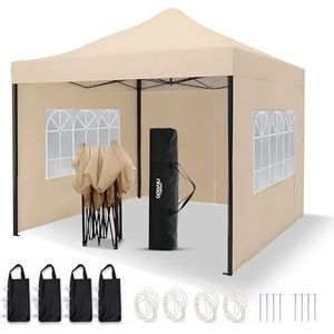 NIVADA Opvouwbaar Easy Up Partytent XL - 3x3m - Feesttent met Afneembare Zijwanden - Zwart - Paviljoen - Incl. Haringen, touw, zandzakken en Draagtas met Wieltjes (Beige)